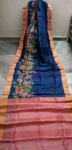 Navy blue hand painted pure tussar silk sarees