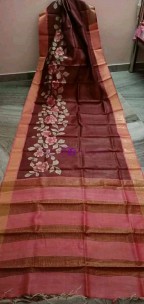 Brown hand painted zari border pure tussar silk sarees