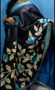 Black hand painted zari border pure tussar silk sarees
