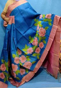 Blue hand painted zari border pure tussar silk sarees