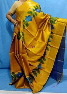 Dark yellow hand painted zari border pure tussar silk sarees