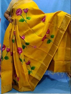 Yellow hand painted zari border pure tussar silk sarees
