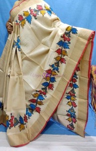 Cream hand painted zari border pure tussar silk sarees