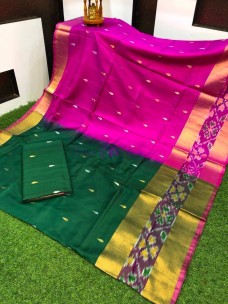Dark green and pink uppada pattu sarees with pochampally border