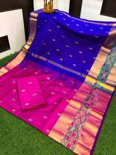 Dark pink and blue uppada silk sarees with pochampally border