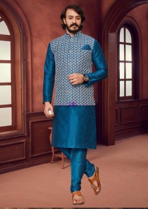 Blue Lucknowi work kurta pyjama with jacket