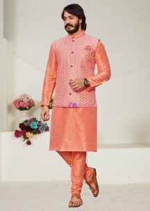 Light orange Lucknowi work kurta pyjama with jacket