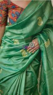 Green pure tussar gicha embroidered Sarees