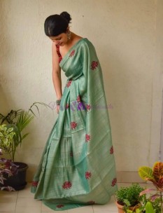 Pastel green pure tussar gicha embroidered Sarees