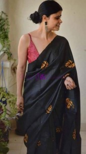 Black pure tussar gicha embroidered Sarees