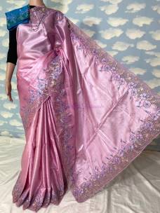 Onion pink pure tissue Tussar cutwork sarees