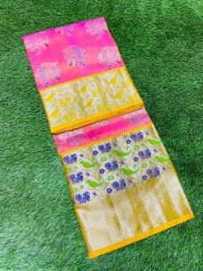 Pink and yellow pure venkatagiri silk sarees