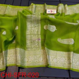 Parrot green pure handloom banarasi georgette chiffon sarees