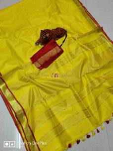 Yellow with red pure linen by linen sarees