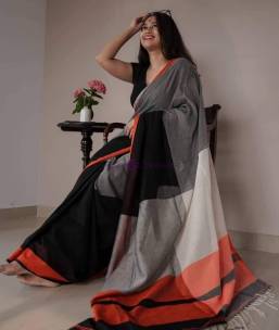Grey and black pure linen sarees