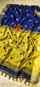 Dark blue and yellow 100 counts linen by linen ball butta sarees