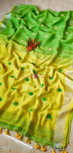 Green and yellow 100 counts linen by linen ball butta sarees