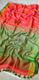 Pink and light green pure 100 counts linen by linen ball butta sarees
