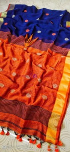 Navy blue and orange 100 count linen by linen ball butta sarees