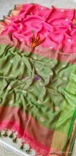 Pink with green 100 counts linen by linen ball butta sarees