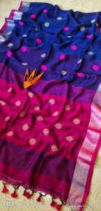 Navy blue and pink 100 counts linen by linen ball butta sarees