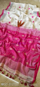 Cream and pink 100 counts linen by linen ball butta sarees