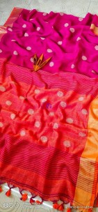 Dark pink 100 counts linen by linen ball butta sarees