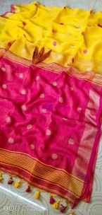 Yellow with dark pink 100 counts linen by linen ball butta sarees