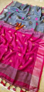 Grey and pink 100 counts linen by linen ball butta sarees