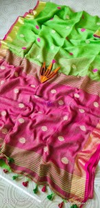 Green and pink 100 counts pure linen by linen ball butta sarees
