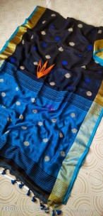Navy blue 100 counts pure linen by linen ball butta sarees