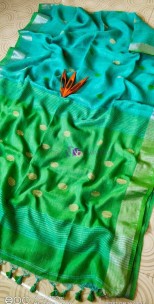 Aqua blue and green 100 counts pure linen by linen ball butta sarees