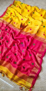 Yellow and dark pink 100 counts pure linen by linen ball butta sarees