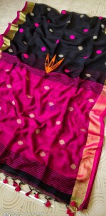 Black and dark pink 100 counts pure linen by linen ball butta sarees