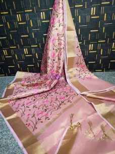 Pink tissue linen embroidered sarees