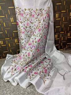 Silver handloom tissue linen embroidered sarees