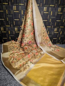 Yellow tissue linen embroidered sarees