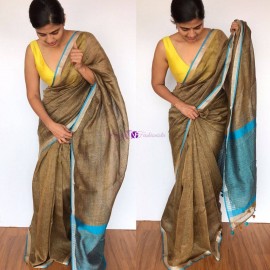Brown and light blue 120 counts pure linen sarees