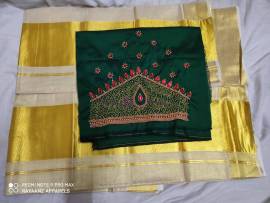 Kerala gold tissue set mundu with aari work blouse