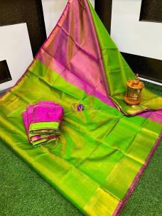 Parrot green and pink Uppada tissue sarees