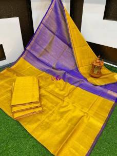 Golden yellow with blue uppada plain tissue sarees
