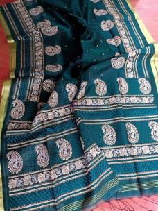 Dark peacock green premium quality muslin parsi work embroidery sarees