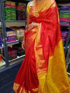 Red and yellow uppada sarees with butti