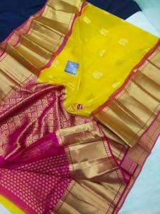 Yellow with pink pure kanchi kora silk sarees