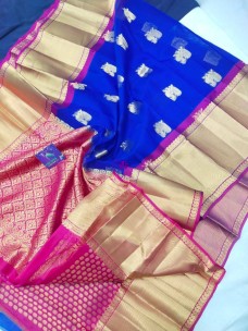 Royal blue and pink pure kanchi kora silk sarees