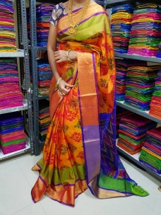 Orange and blue uppada sarees with pochampally design