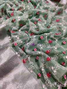 Organza embroidery sarees with silver zari border