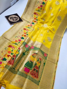 Yellow pure munga banarasi silk sarees