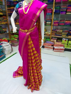 Pink and yellow Uppada langavoni model checks sarees