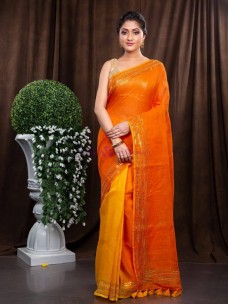 Orange and yellow 120 counts linen sarees